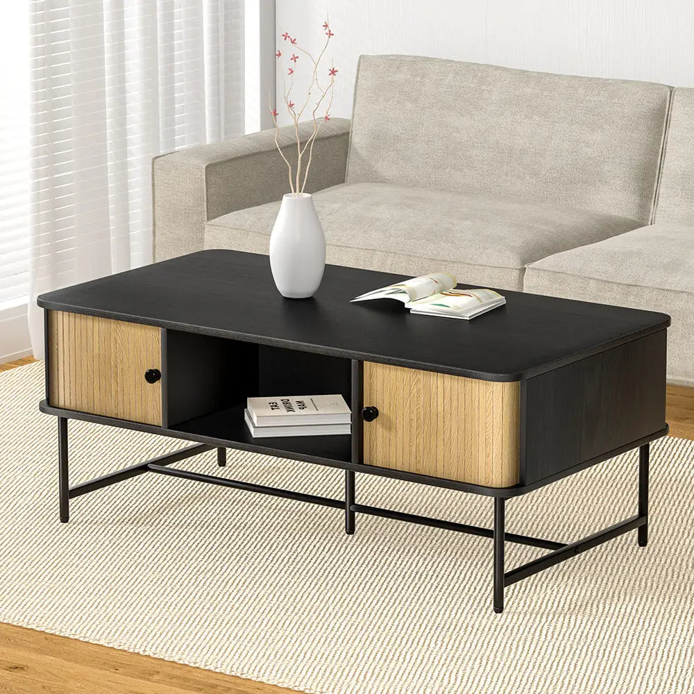 Artiss Coffee Table Sliding Drawer Door Black Boris - Furniture > Living Room