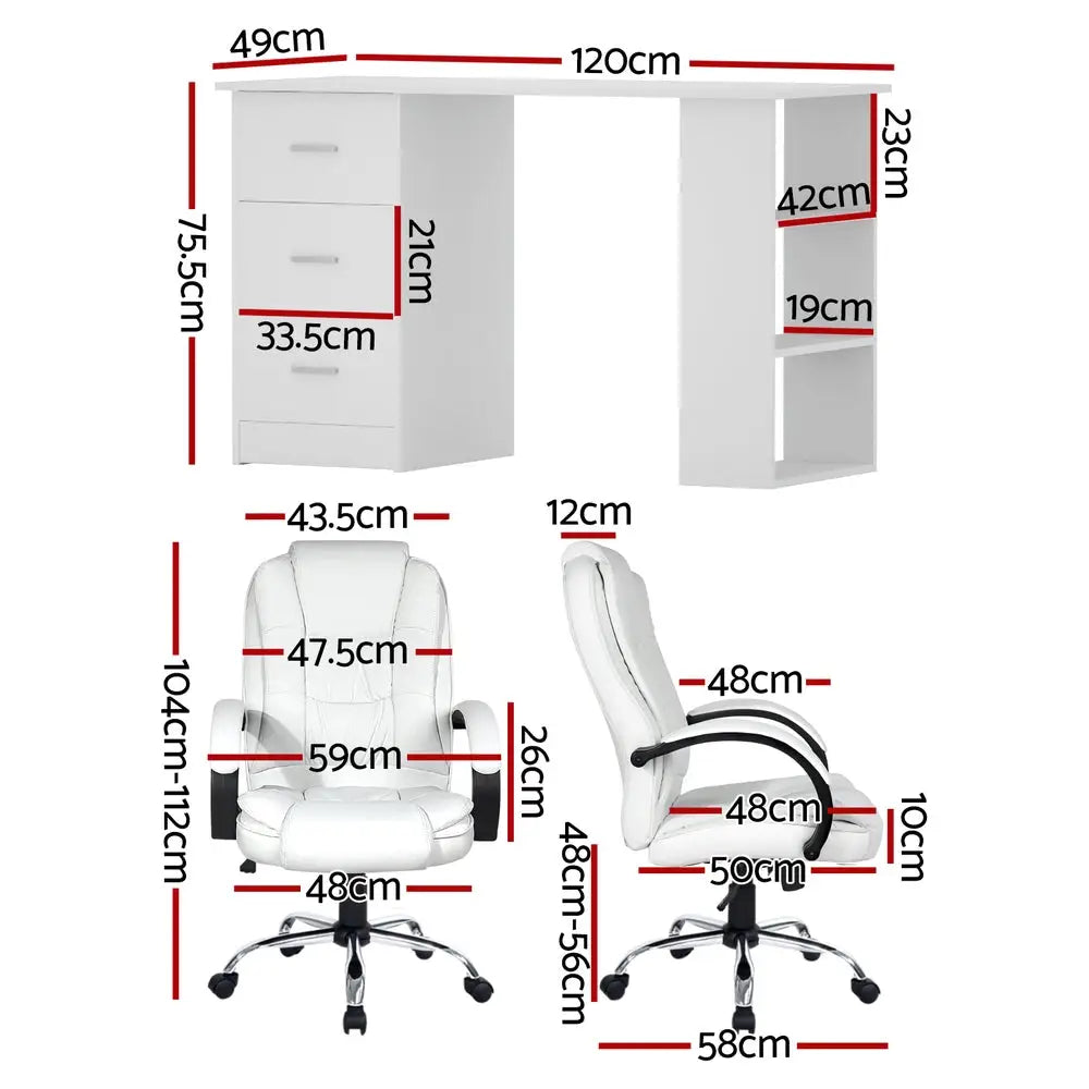 Artiss Computer Desk 120cm Executive Office Chair Set PU Leather High Back White - Furniture > Office > Desks