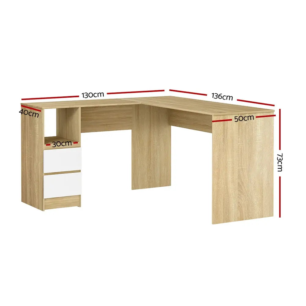 Artiss Computer Desk Drawer L-Shape Oak 136CM - Furniture > Office