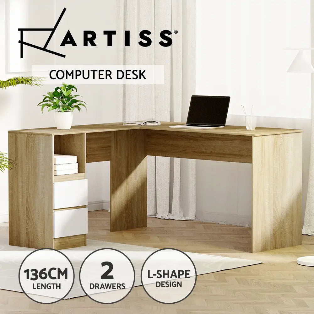 Artiss Computer Desk Drawer L-Shape Oak 136CM - Furniture > Office