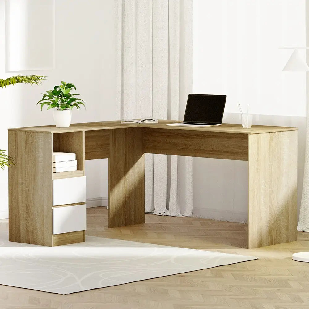 Artiss Computer Desk Drawer L-Shape Oak 136CM - Furniture > Office