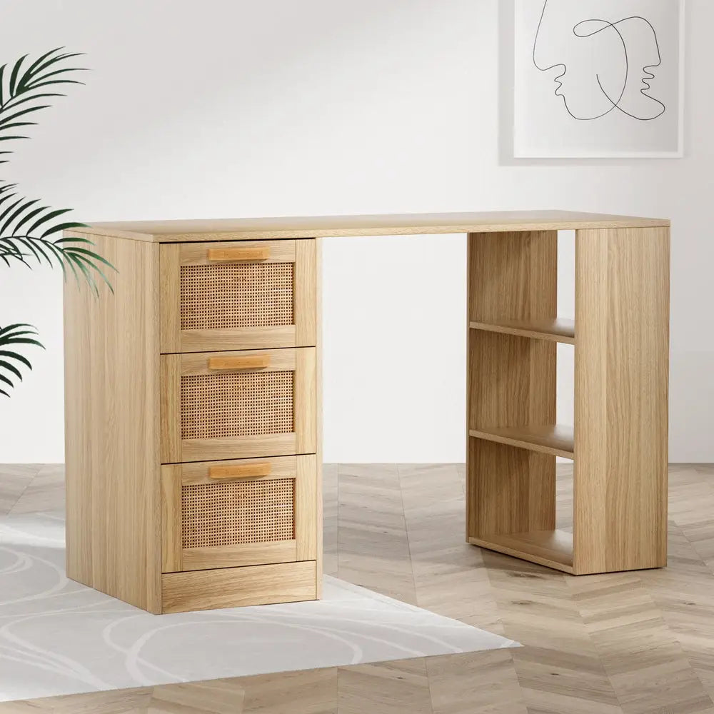 Artiss Computer Desk Drawer Shelf Home Office Study Table Rattan Oak 120CM - Furniture > Office > Desks