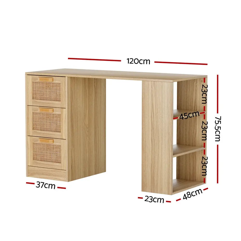 Artiss Computer Desk Drawer Shelf Home Office Study Table Rattan Oak 120CM - Furniture > Office > Desks