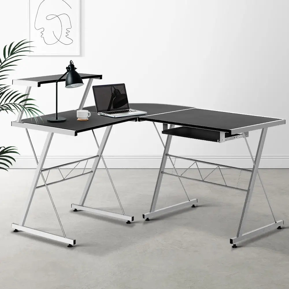 Artiss Computer Desk L-Shape Keyboard Tray Shelf Black - Furniture > Office