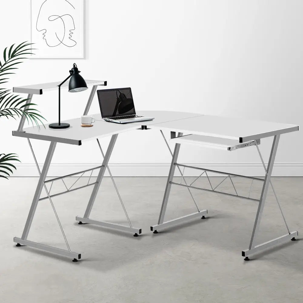 Artiss Computer Desk L-Shape Keyboard Tray Shelf White - Furniture > Office