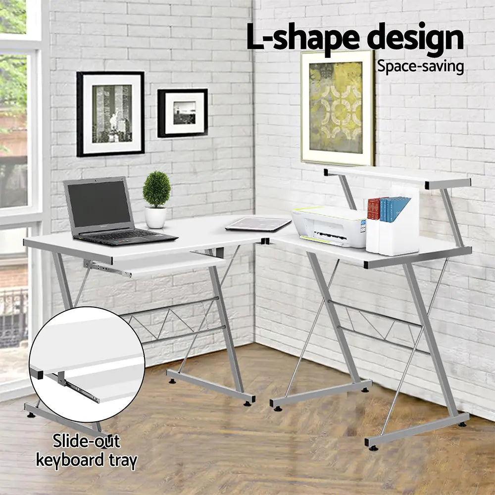 Artiss Computer Desk L-Shape Keyboard Tray Shelf White - Furniture > Office