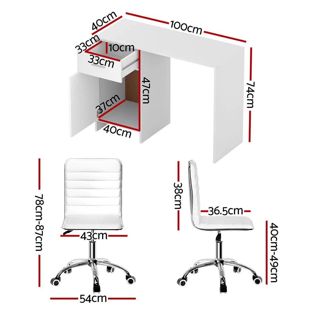 Artiss Computer Desk Office Chair Set PU Leather Home Study Table 100cm White - Furniture > Office > Desks