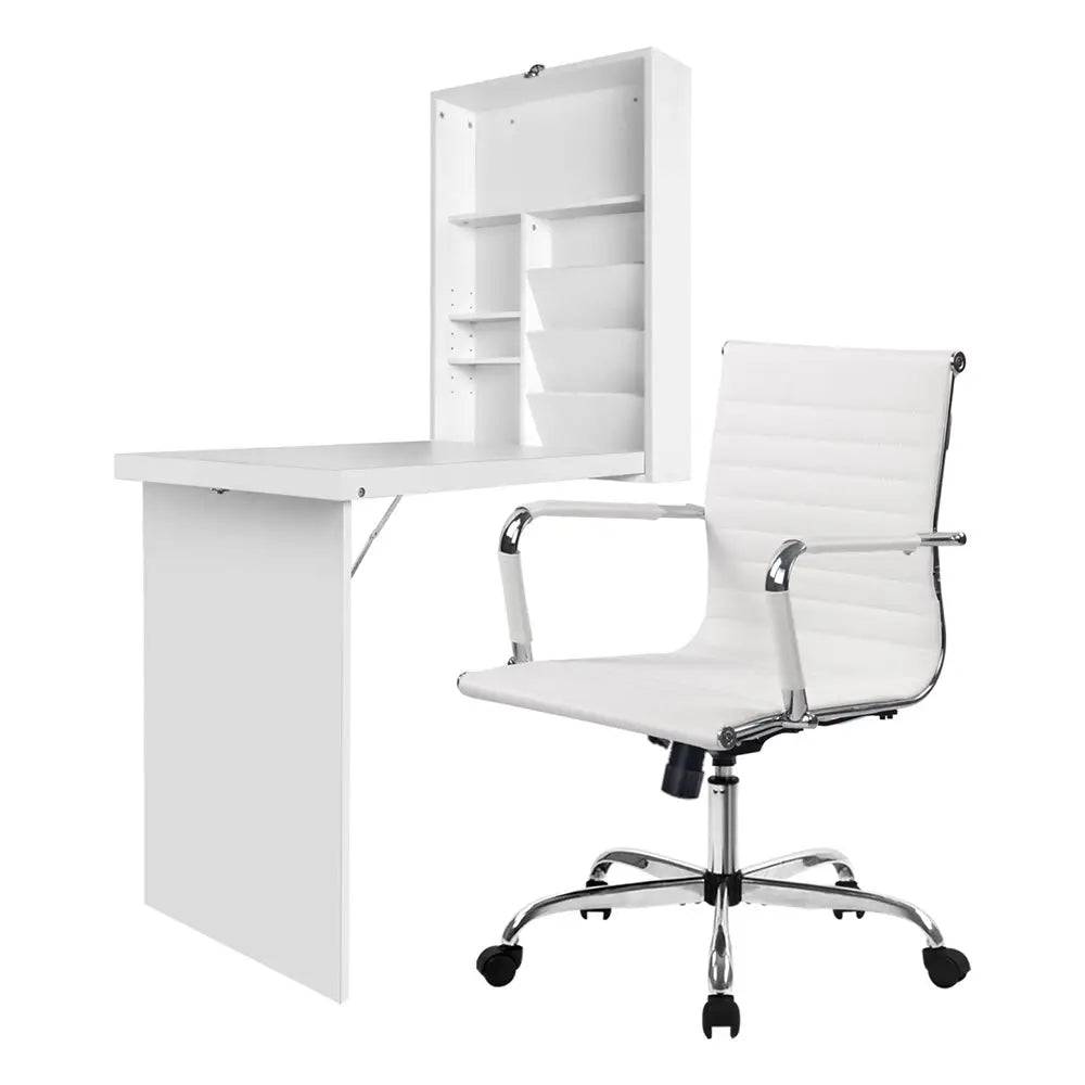 Artiss Computer Desk Office Chair Set PU Leather Wall Mount Foldable Table White - Furniture > Office > Desks
