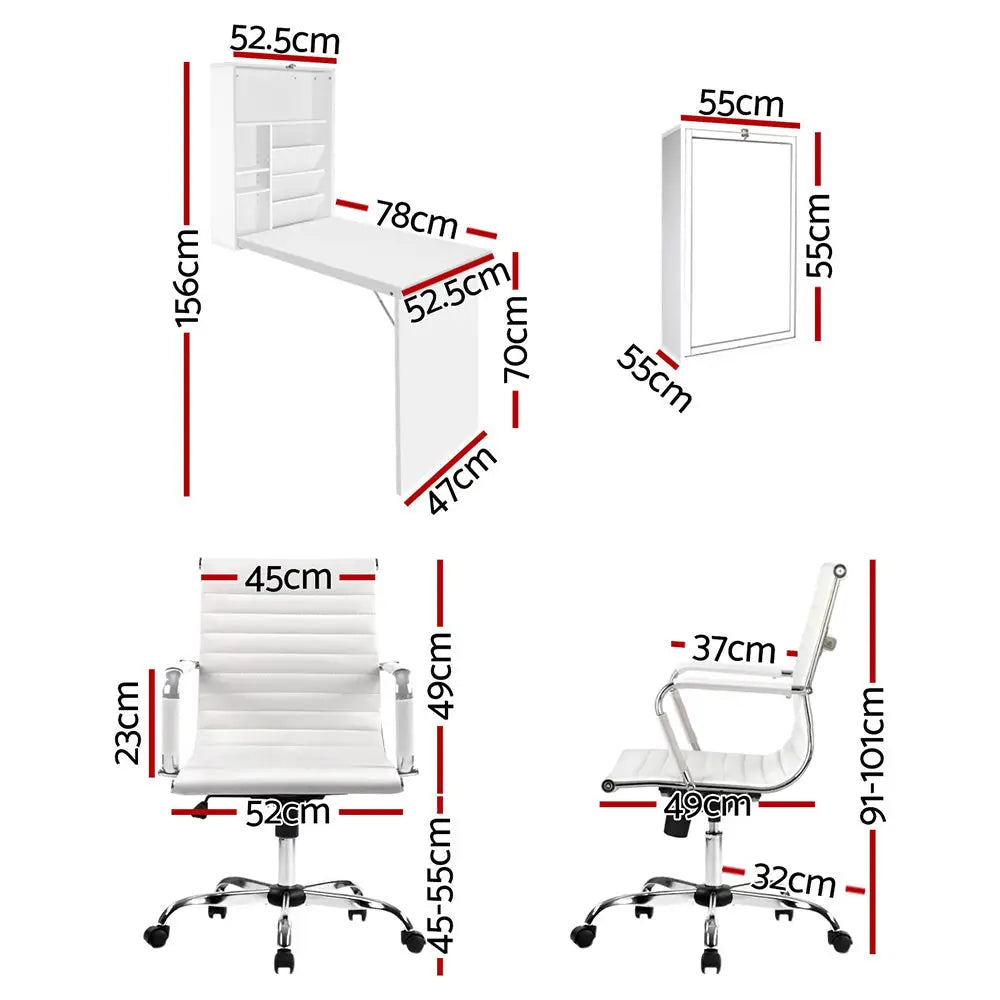 Artiss Computer Desk Office Chair Set PU Leather Wall Mount Foldable Table White - Furniture > Office > Desks