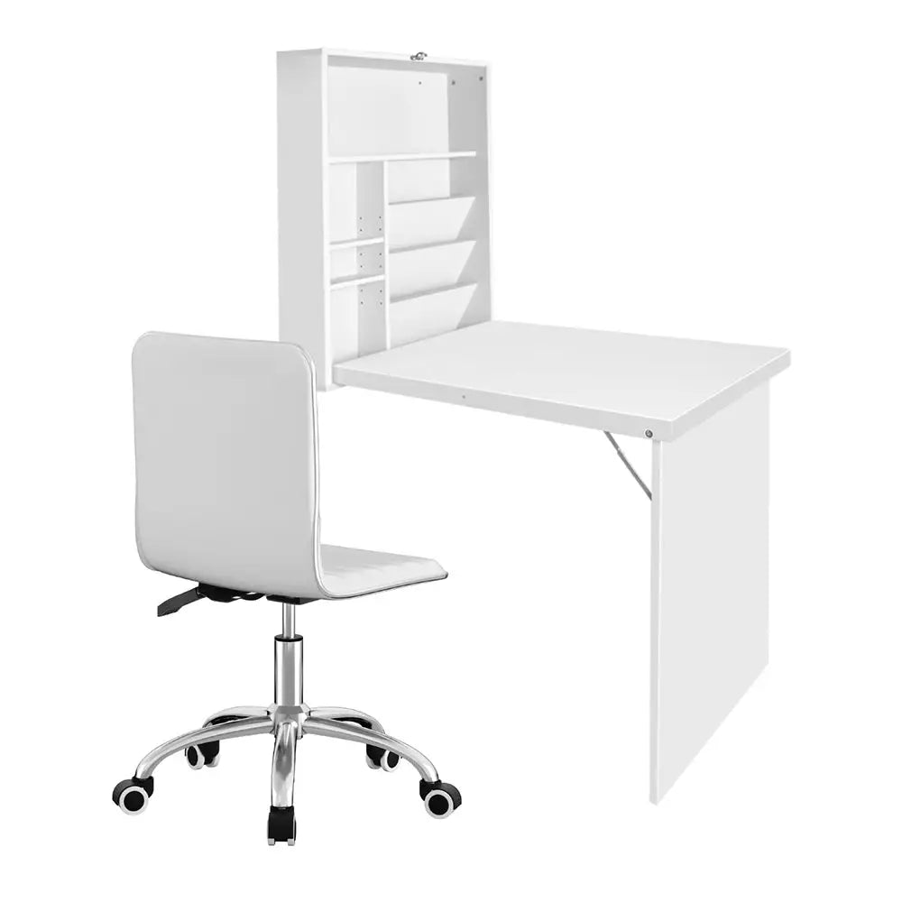 Artiss Computer Desk Office Chair Set PU Leather Wall Mount Foldable Table White - Furniture > Office > Desks