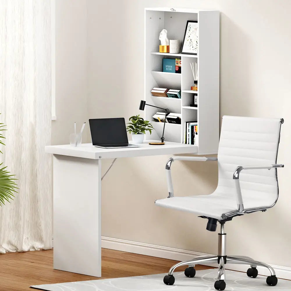 Artiss Computer Desk Office Chair Set PU Leather Wall Mount Foldable Table White - Furniture > Office > Desks