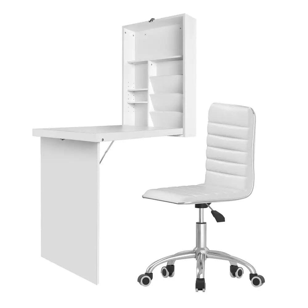Artiss Computer Desk Office Chair Set PU Leather Wall Mount Foldable Table White - Furniture > Office > Desks