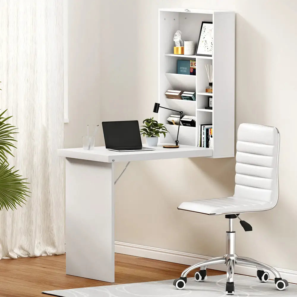 Artiss Computer Desk Office Chair Set PU Leather Wall Mount Foldable Table White - Furniture > Office > Desks