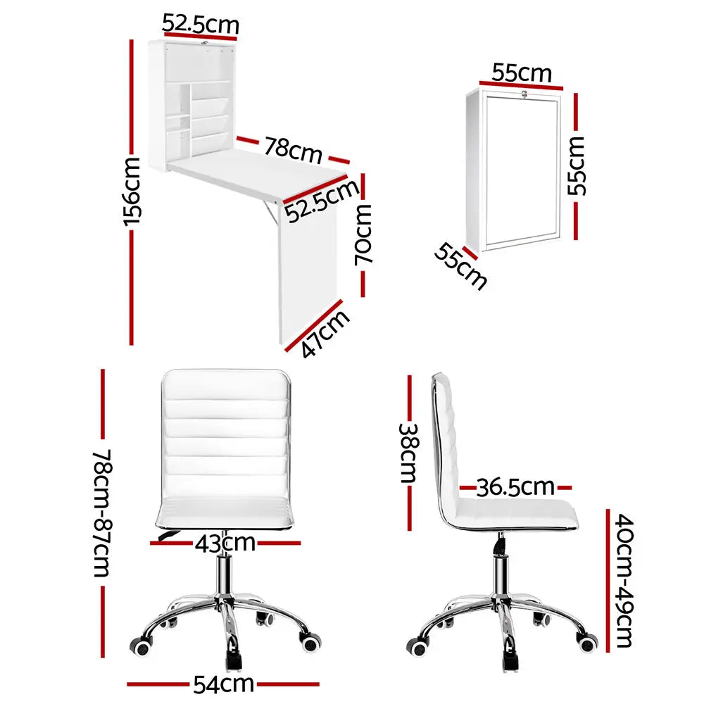Artiss Computer Desk Office Chair Set PU Leather Wall Mount Foldable Table White - Furniture > Office > Desks