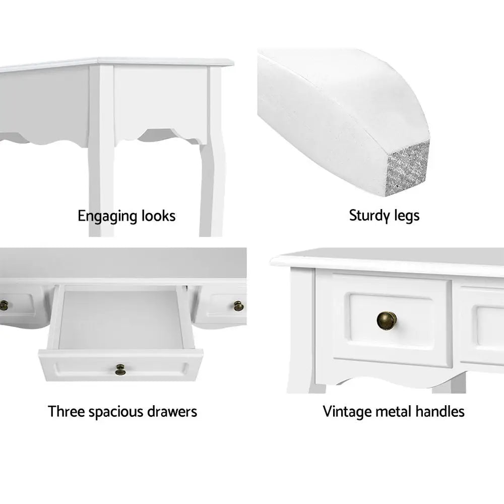 Artiss Console Table 3 Drawers White Hamptons - Furniture > Bedroom