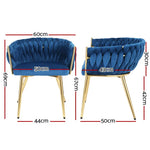 Artiss Dining Chair Cafe Chair Velvet Upholstered Woven Back Armrest Blue - Furniture > Dining
