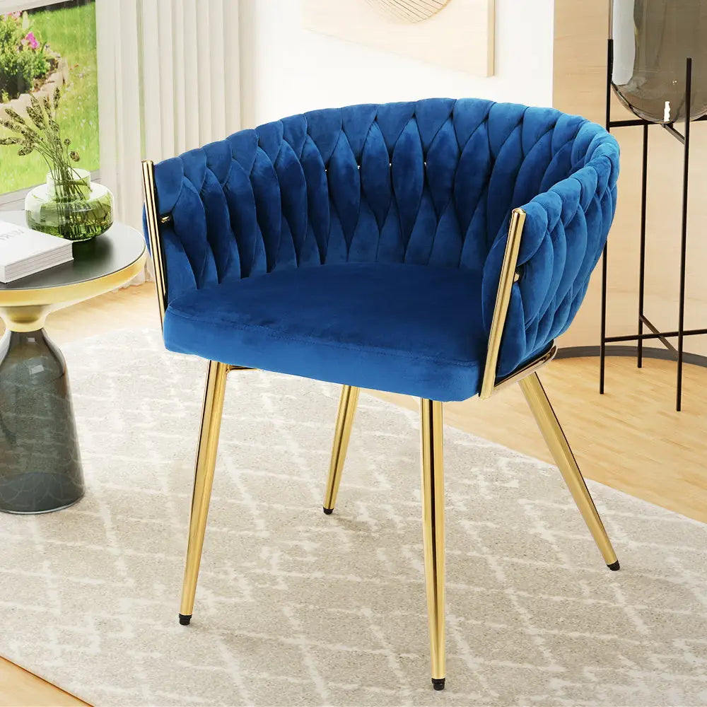 Artiss Dining Chair Cafe Chair Velvet Upholstered Woven Back Armrest Blue - Furniture > Dining