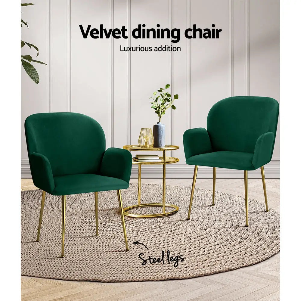 Artiss Dining Chairs Set of 2 Velevt Green Kynsee - Furniture > Living Room