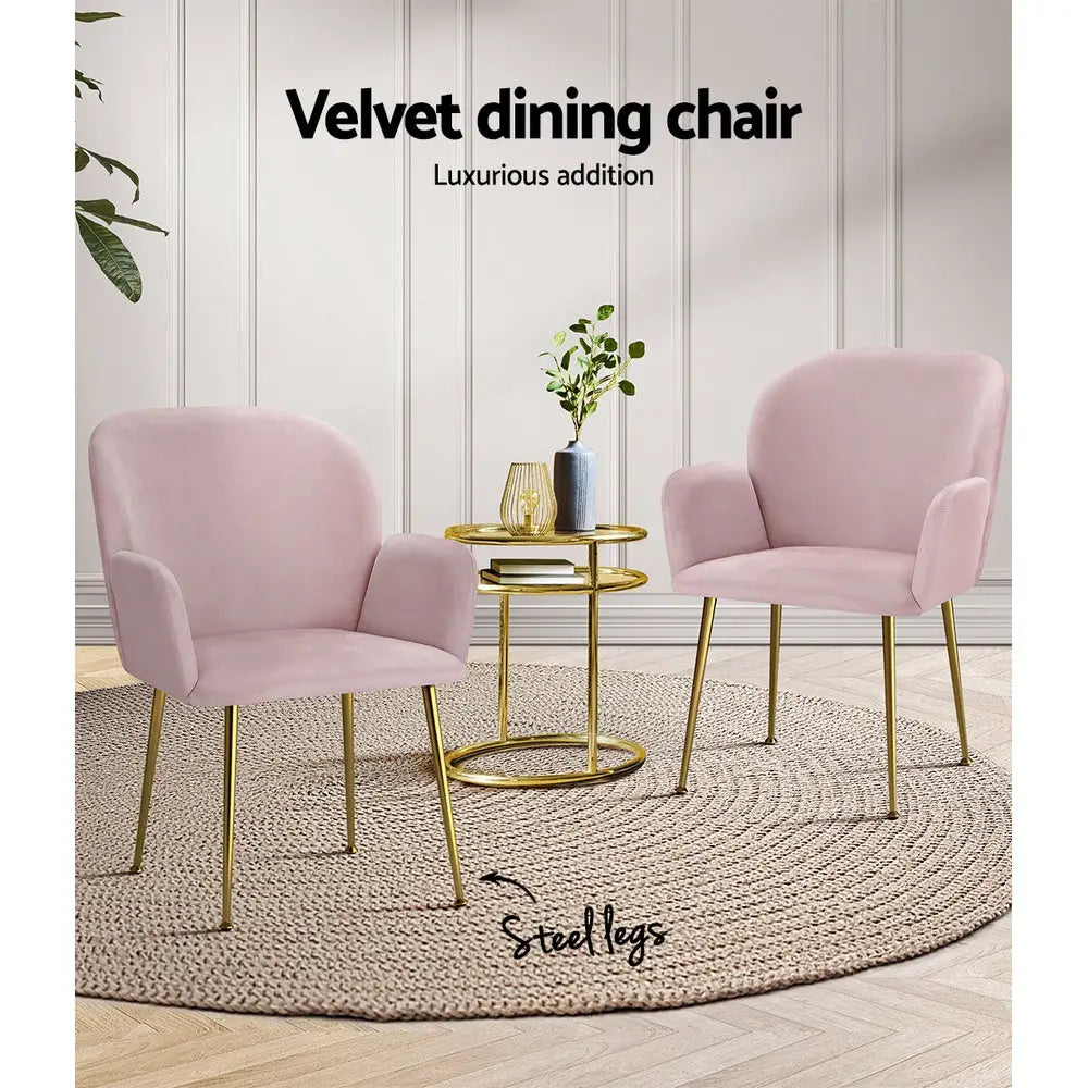 Artiss Dining Chairs Set of 2 Velevt Pink Kynsee - Furniture > Living Room