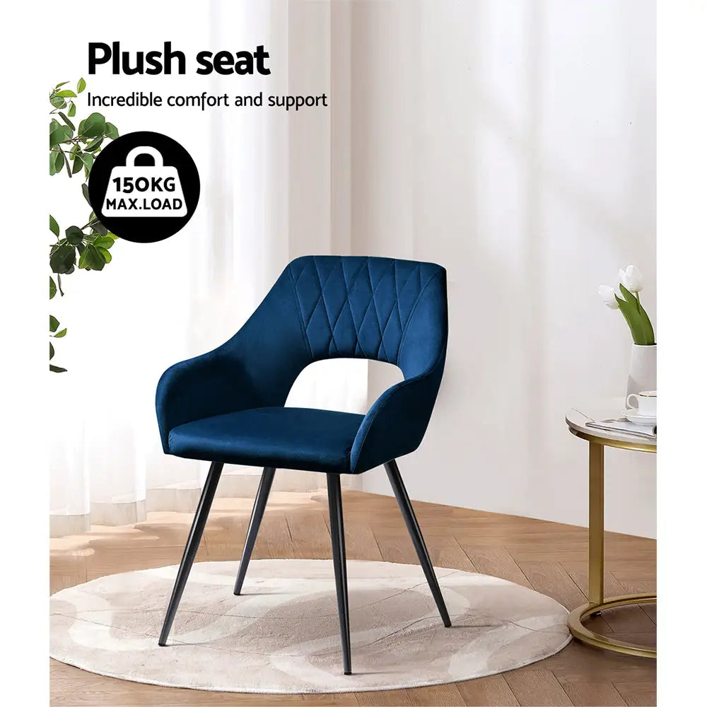 Artiss Dining Chairs Set of 2 Velvet Hollow Armchair Blue - Furniture > Dining > Kitchen & Dining Chairs