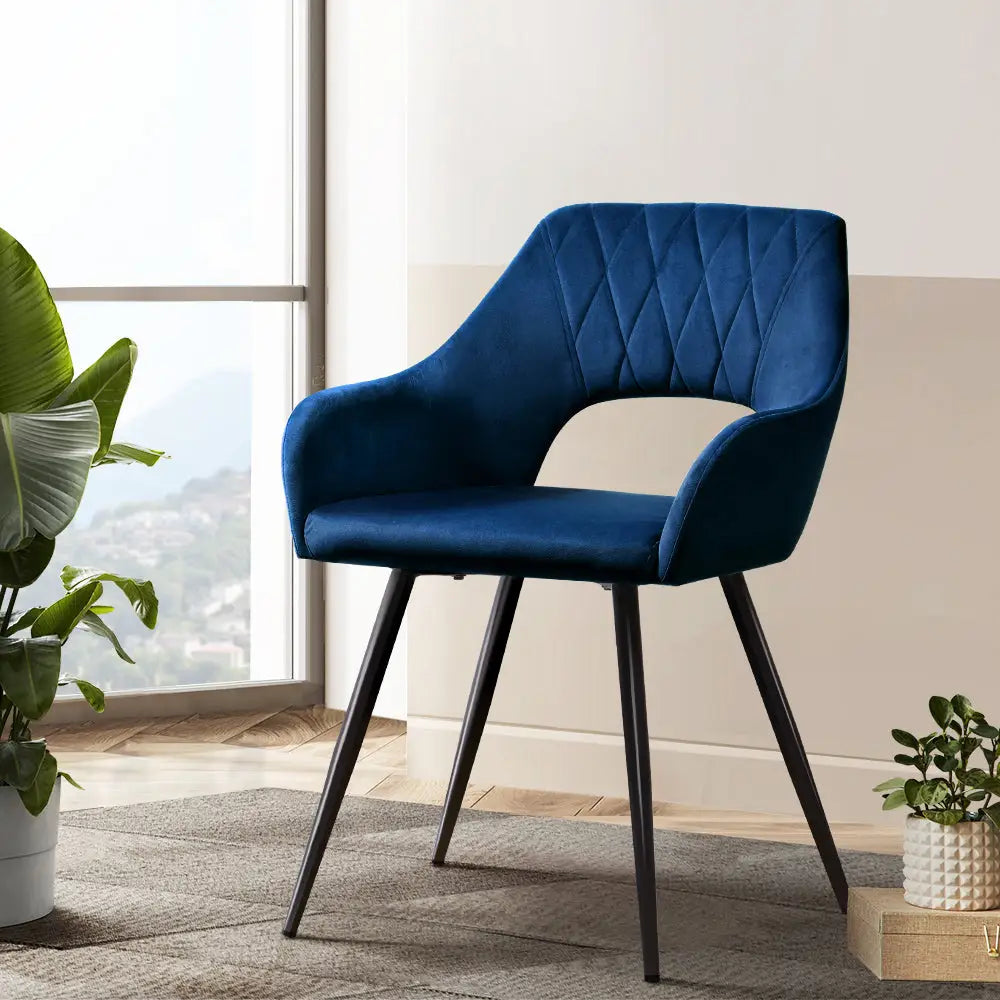 Artiss Dining Chairs Set of 2 Velvet Hollow Armchair Blue - Furniture > Dining > Kitchen & Dining Chairs