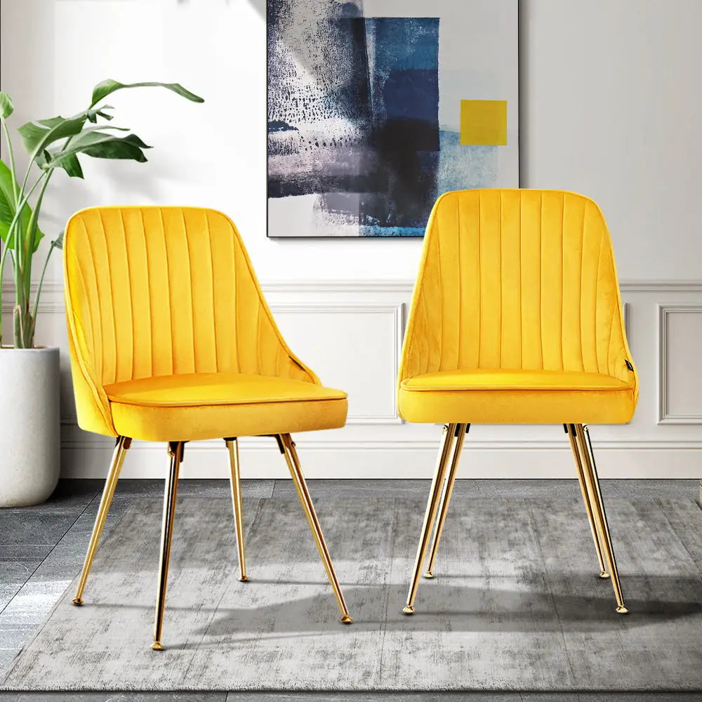 Artiss Dining Chairs Velvet Yellow Set of 2 Nappa - Furniture > Dining