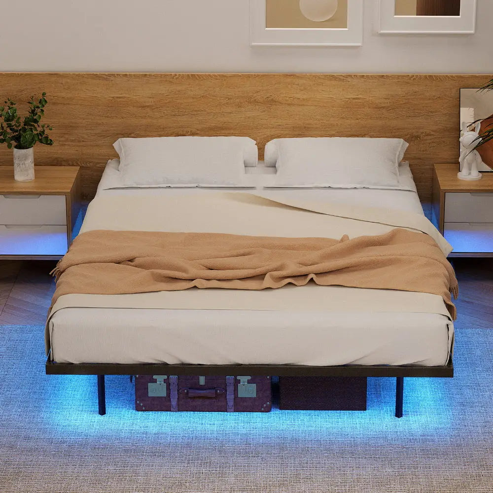 Artiss Double Bed Frame,Floating Metal Bed Frame with Smart LED Lights - Sturdy Metal Platform Bed Base Silent Design