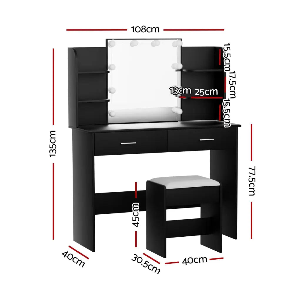 Artiss Dressing Table Set Stool 10 Led Bulbs Black Dulcea - Furniture > Bedroom