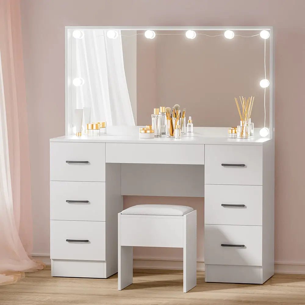 Artiss Dressing Table Set Stool 10 Led Bulbs White Debbie - Furniture > Bedroom > Dressing Vanity & Dressing Tables