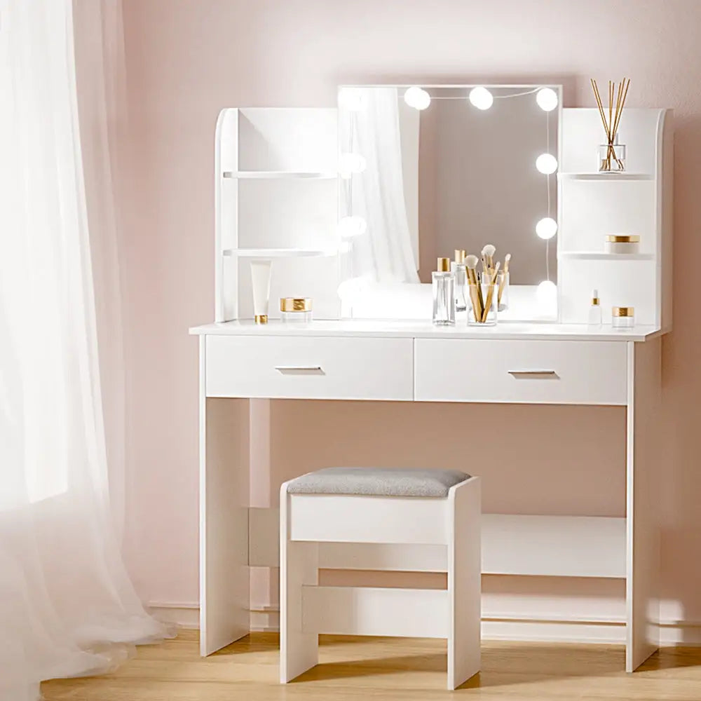 Artiss Dressing Table Set Stool 10 Led Bulbs White Dulcea - Furniture > Bedroom > Dressing Vanity & Dressing Tables