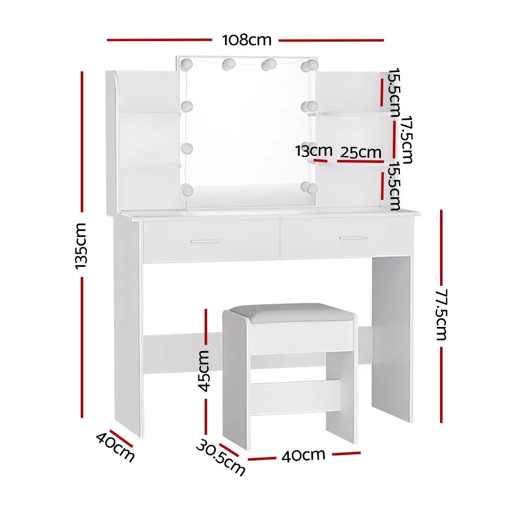 Artiss Dressing Table Set Stool 10 Led Bulbs White Dulcea - Furniture > Bedroom > Dressing Vanity & Dressing Tables