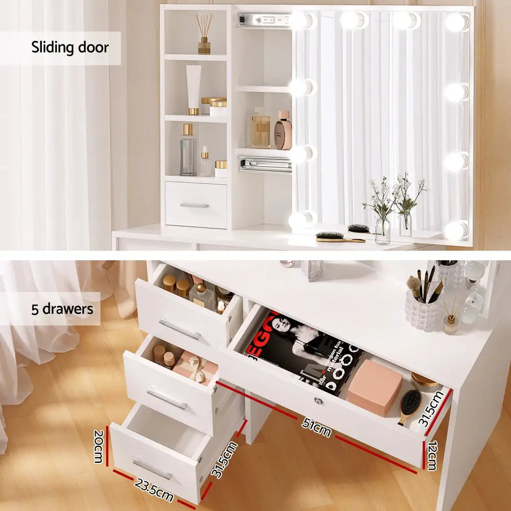 Artiss Dressing Table Set Stool 10 Led Bulbs White Dylan - Furniture > Bedroom > Dressing Vanity & Dressing Tables