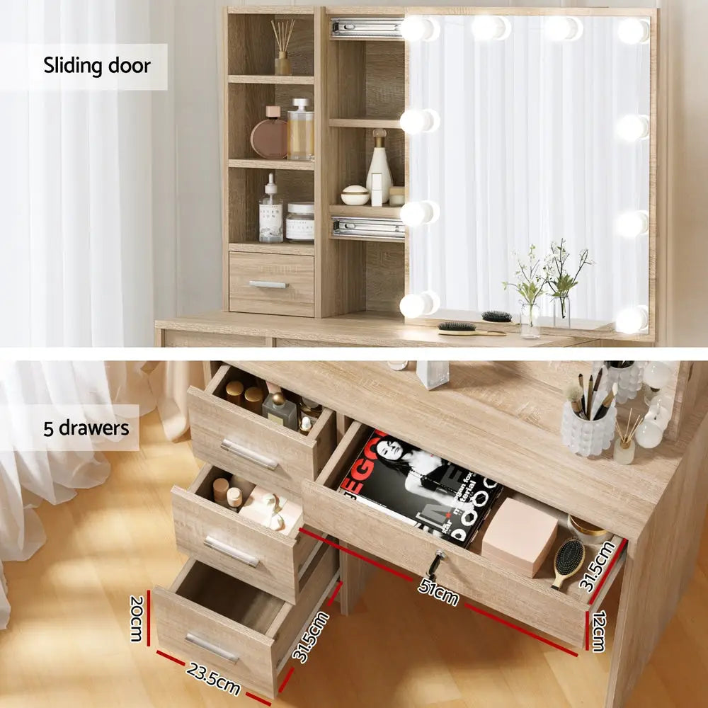 Artiss Dressing Table Set Stool 10 Led Bulbs Wood - Furniture > Bedroom > Dressing Vanity & Dressing Tables