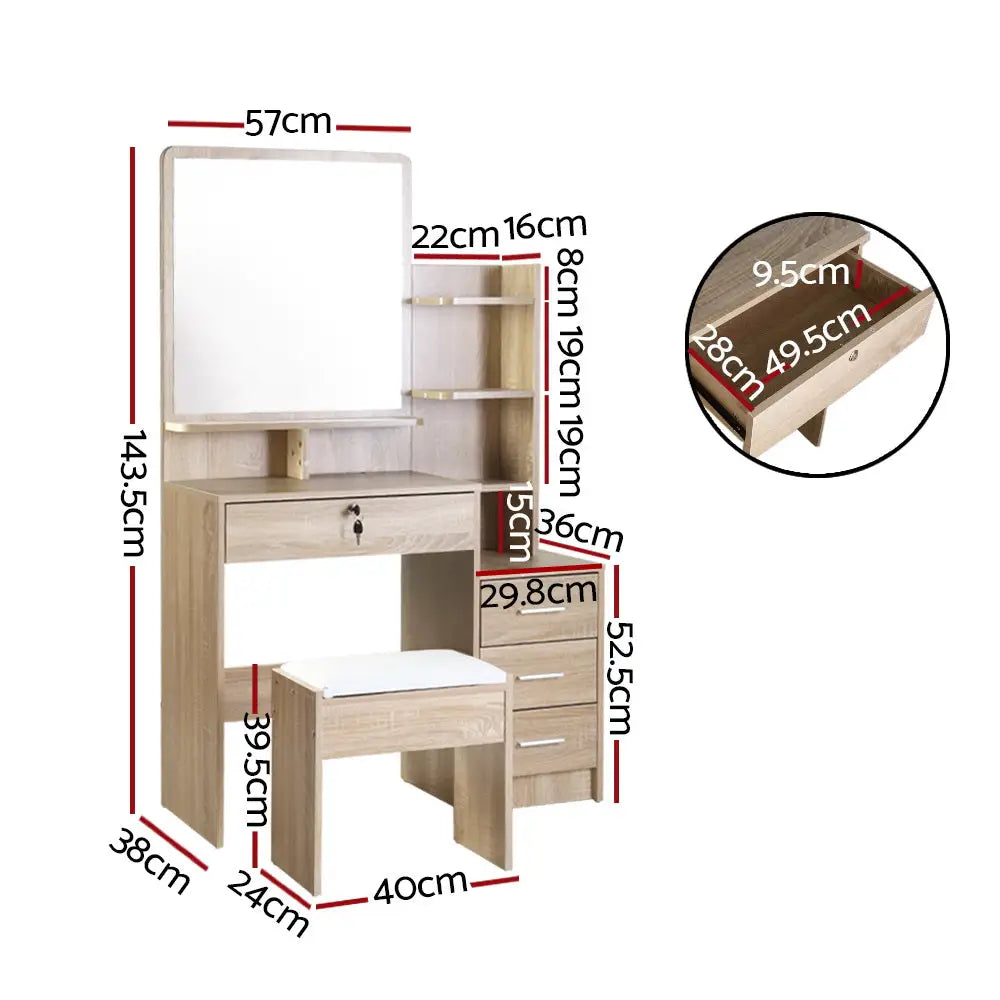 Artiss Dressing Table Stool Set 4 Drawers Oak - Furniture > Bedroom