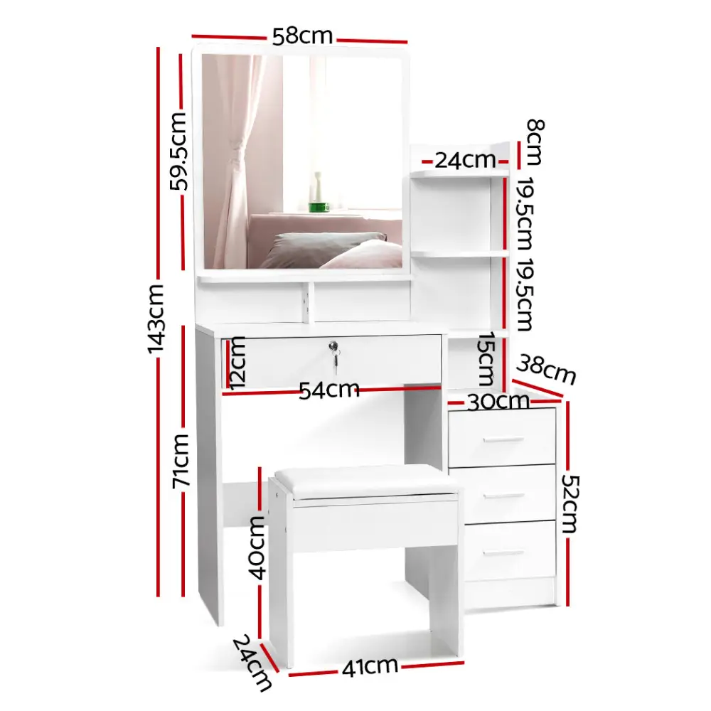 Artiss Dressing Table Stool Set 4 Drawers White - Furniture > Bedroom > Dressing Vanity & Dressing Tables