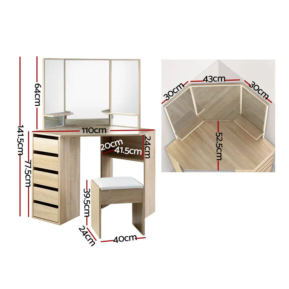 Artiss Dressing Table Stool Set Corner 5 Drawers Oak - Furniture > Bedroom > Dressing Vanity & Dressing Tables