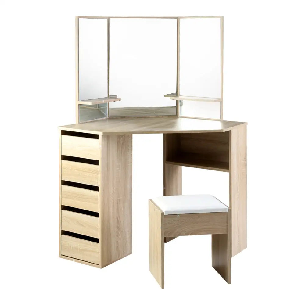 Artiss Dressing Table Stool Set Corner 5 Drawers Oak - Furniture > Bedroom > Dressing Vanity & Dressing Tables