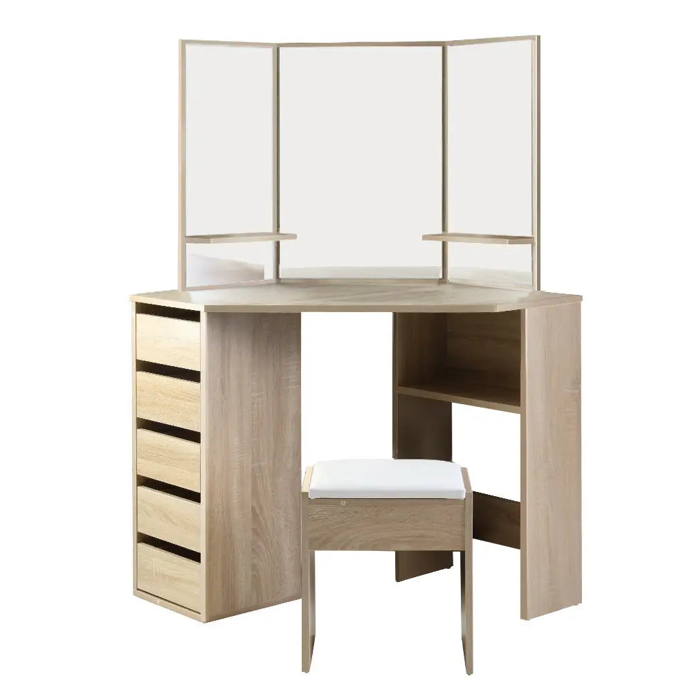 Artiss Dressing Table Stool Set Corner 5 Drawers Oak - Furniture > Bedroom > Dressing Vanity & Dressing Tables