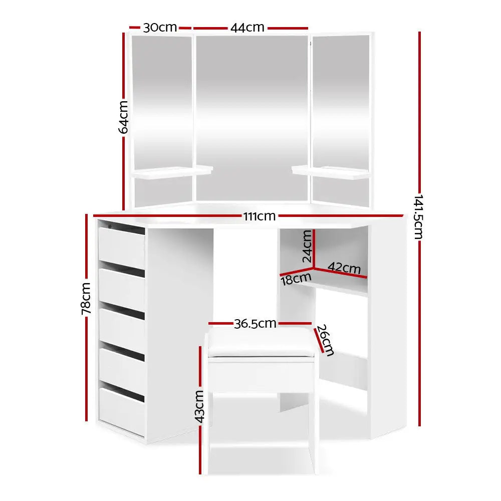 Artiss Dressing Table Stool Set Corner 5 Drawers White - Furniture > Bedroom