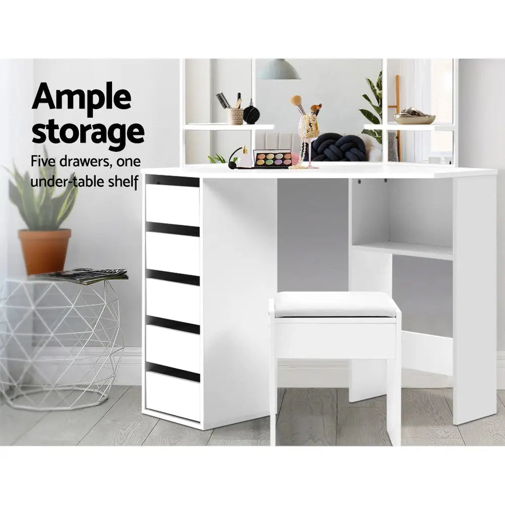Artiss Dressing Table Stool Set Corner 5 Drawers White - Furniture > Bedroom