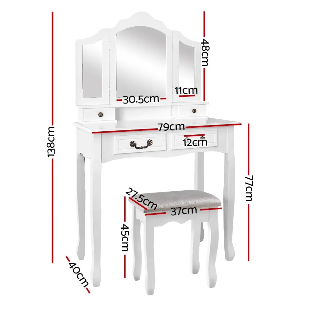 Artiss Dressing Table Stool Set Foldable Mirror White - Furniture > Bedroom