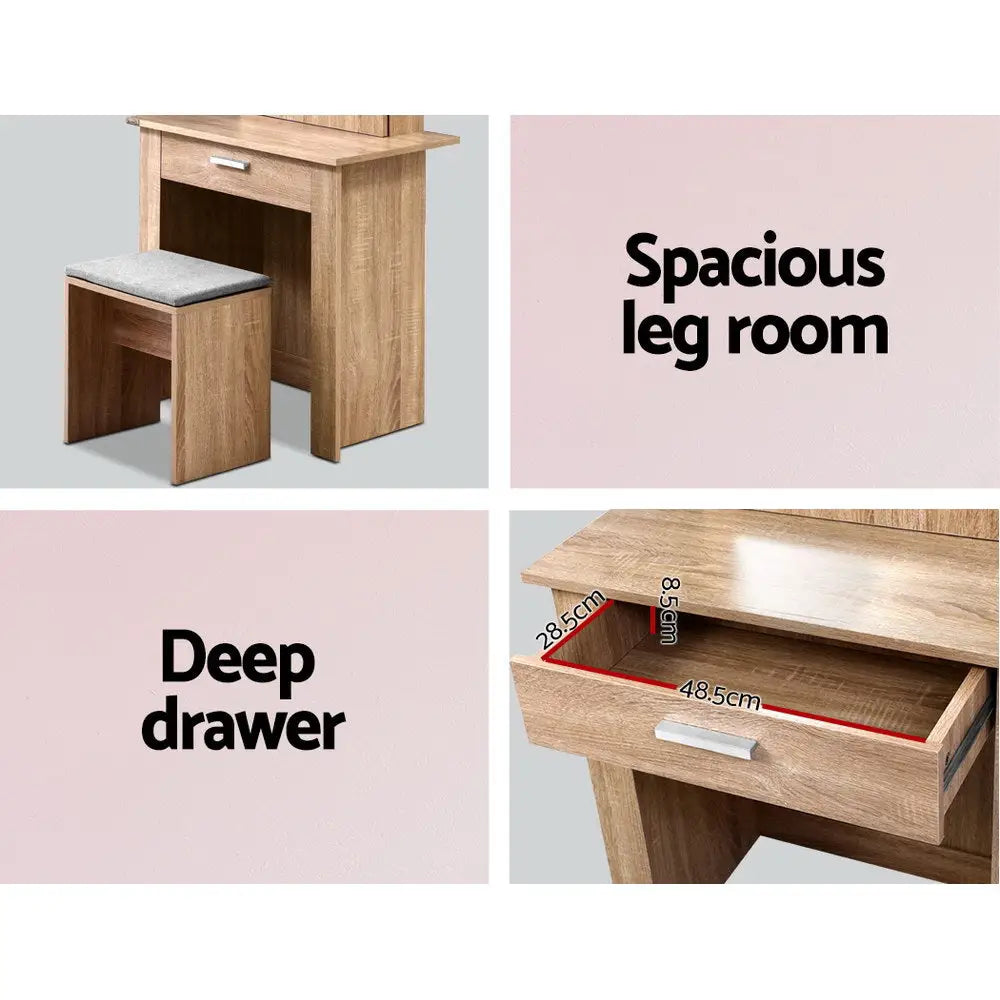 Artiss Dressing Table Stool Set Sliding Mirror Oak Demi - Furniture > Living Room