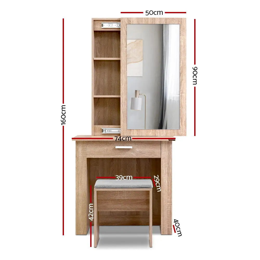Artiss Dressing Table Stool Set Sliding Mirror Oak Demi - Furniture > Living Room