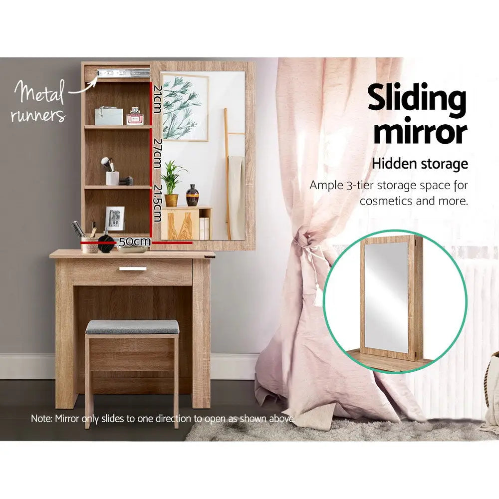 Artiss Dressing Table Stool Set Sliding Mirror Oak Demi - Furniture > Living Room