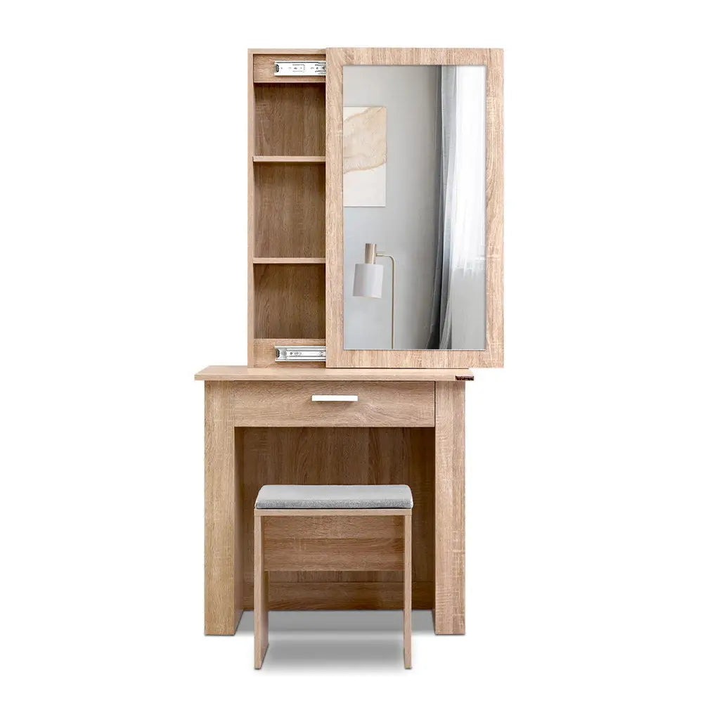 Artiss Dressing Table Stool Set Sliding Mirror Oak Demi - Furniture > Living Room