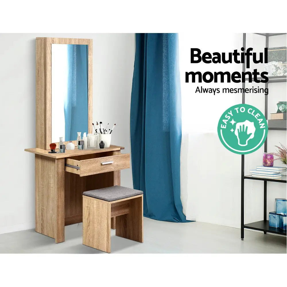 Artiss Dressing Table Stool Set Sliding Mirror Oak Demi - Furniture > Living Room