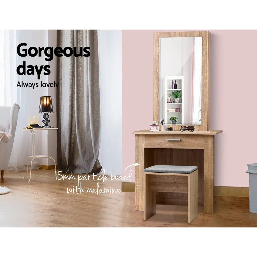 Artiss Dressing Table Stool Set Sliding Mirror Oak Demi - Furniture > Living Room