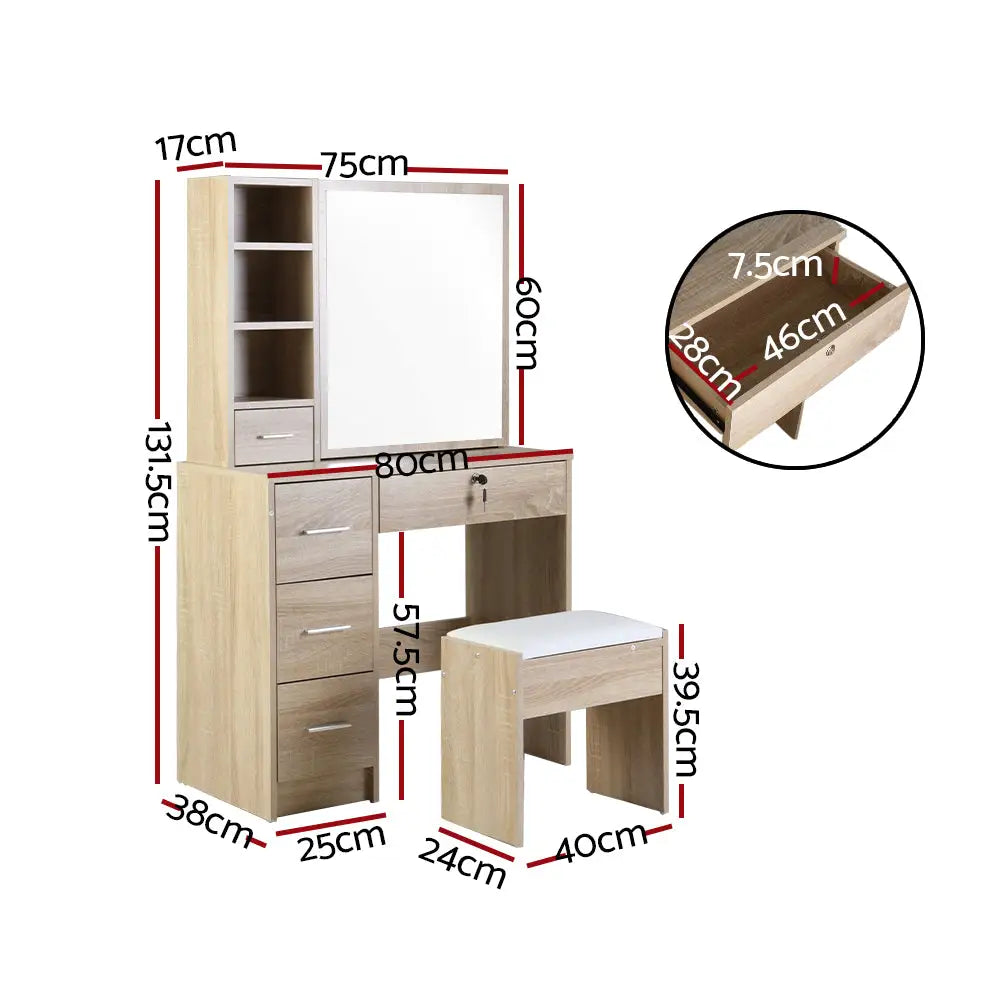 Artiss Dressing Table Stool Set Sliding Mirror Oak Diane - Furniture > Bedroom