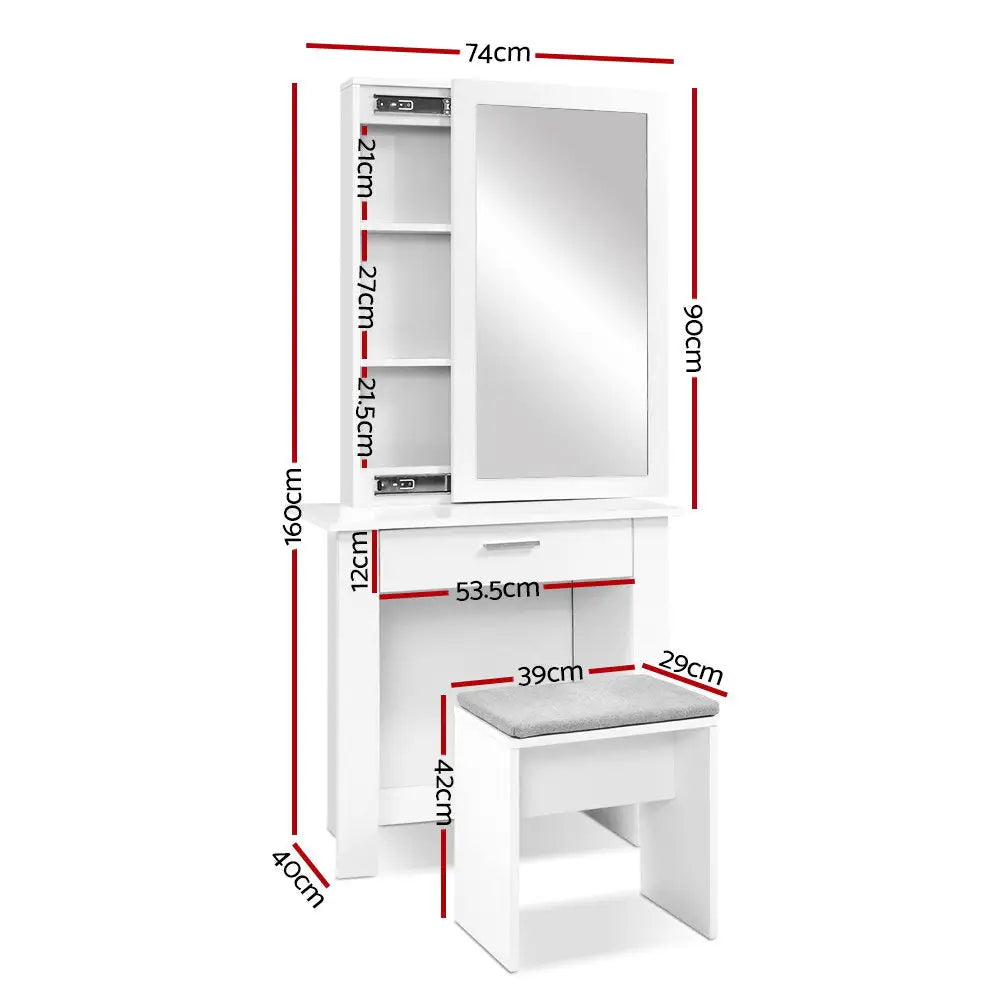 Artiss Dressing Table Stool Set Sliding Mirror White Demi - Furniture > Bedroom