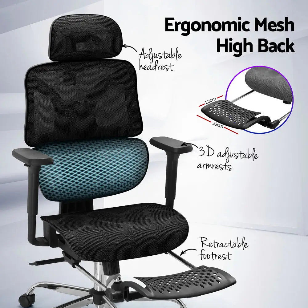 Artiss Ergonomic Office Chair Footrest Black - Furniture > Office > Office & Desk Chairs